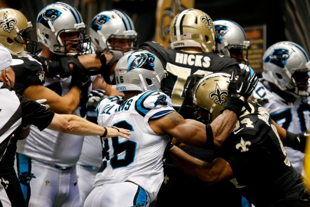 Dec 7, 2014; New Orleans, LA, USA; Carolina Panthers tight end Brandon Williams (86) fights with New Orleans Saints defensive end Cameron Jordan (94) during the first quarter of a game at the Mercedes-Benz Superdome. Williams was ejected from the game due to the fight. Mandatory Credit: Derick E. Hingle-USA TODAY Sports ORG XMIT: USATSI-180404 ORIG FILE ID: 20141207_pjc_ah6_077.JPG